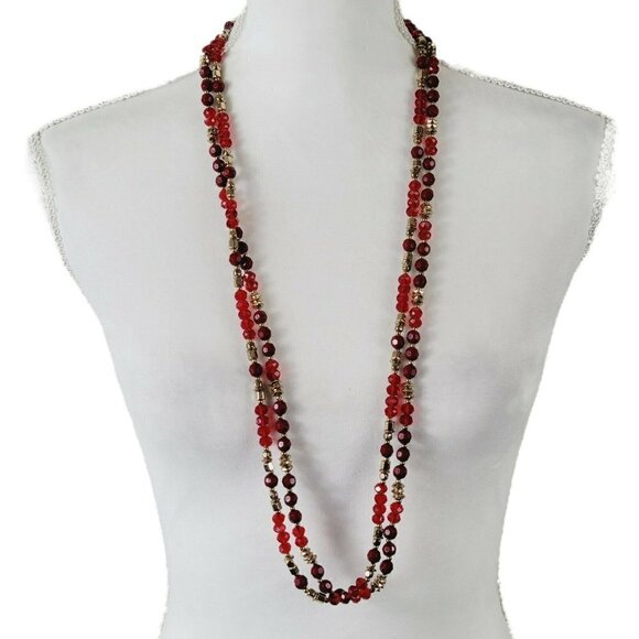 Red & Gold Beaded Necklaces Set Of 2 Infinity Style No Clasp 38"ea Artisan Made - Picture 1 of 6